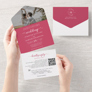 Elegant Magenta Monogram QR Code Photo Wedding All In One Invitation