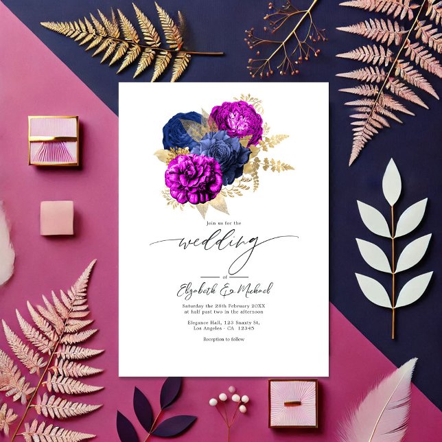 Elegant Magenta, Navy, and Gold Floral Wedding Invitation (Elegant Magenta, Navy, and Gold Floral Wedding Invitation)
