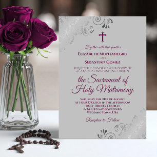 Elegant Magenta on Grey Modern Catholic Wedding Invitation
