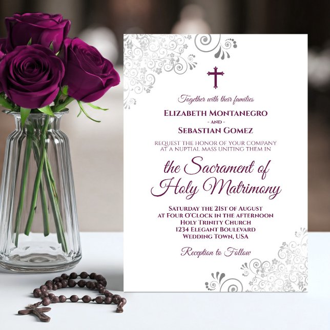 Elegant Magenta on White Modern Catholic Wedding Invitation (Creator Uploaded)