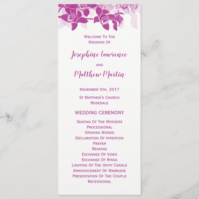 Elegant Magenta Orchid Watercolor Wedding Programs (Front)