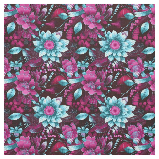 Elegant Magenta & Pale Blue Boho Chic Floral  Fabric (Swatch)