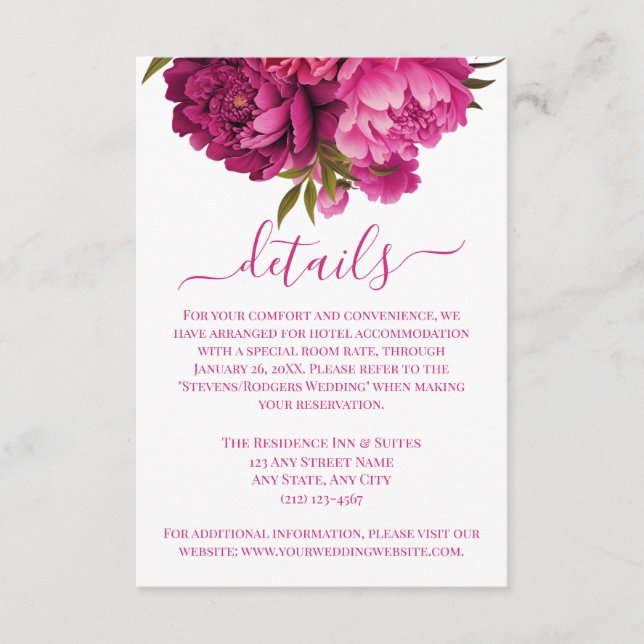 Elegant Magenta Peony Floral Wedding Details Enclosure Card (Front)