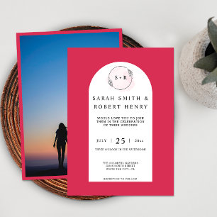 Elegant Magenta Pink Arch Monogram Photo Wedding Invitation