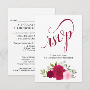 Elegant Magenta & Pink Boho Roses Bouquet Wedding RSVP Card