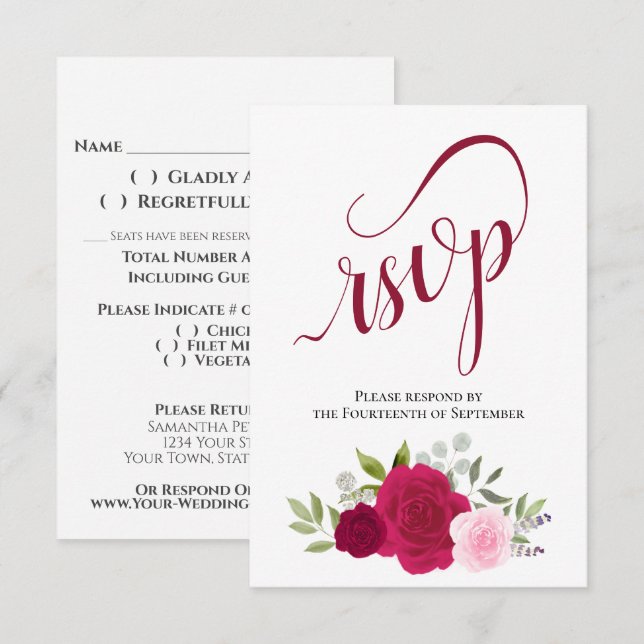 Elegant Magenta & Pink Boho Roses Bouquet Wedding RSVP Card (Front/Back)