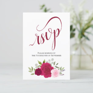 Elegant Magenta & Pink Boho Roses Bouquet Wedding RSVP Card