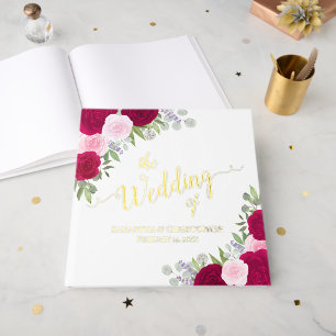 Elegant Magenta & Pink Boho Roses Foil Wedding Guest Book