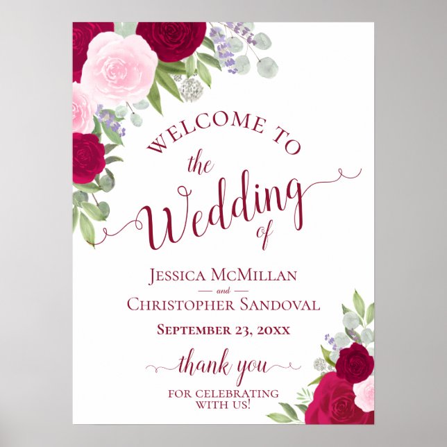 Elegant Magenta & Pink Boho Roses Wedding Welcome Poster (Front)