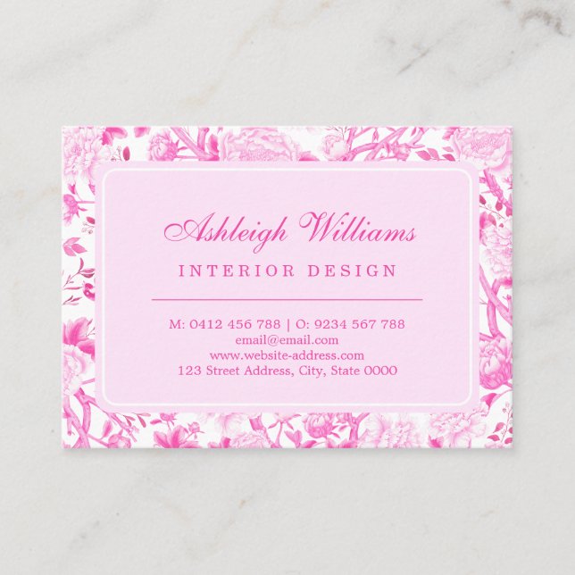 Elegant Magenta Pink Chinoiserie Floral Porcelain Business Card (Front)