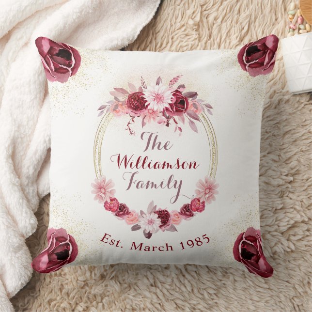 Elegant Magenta Pink Floral Monogram Script  Cushion (Blanket)