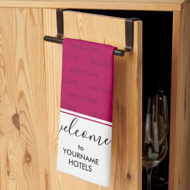 Elegant Magenta Pink Personalised WELCOME Tea Towel (Thirds Fold)