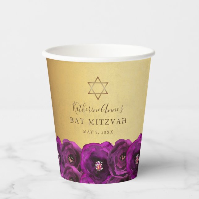Elegant Magenta Pink Rose Floral Gold Bat Mitzvah Paper Cups (Front)