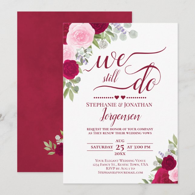 Elegant Magenta Pink Roses We Still Do Vow Renewal Invitation (Front/Back)