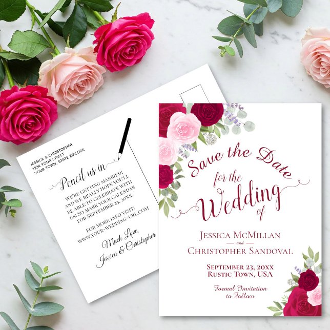Elegant Magenta & Pink Roses Wedding Save the Date Announcement Postcard (Front/Back)
