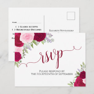 Elegant Magenta Pink Watercolor Roses Wedding RSVP Postcard