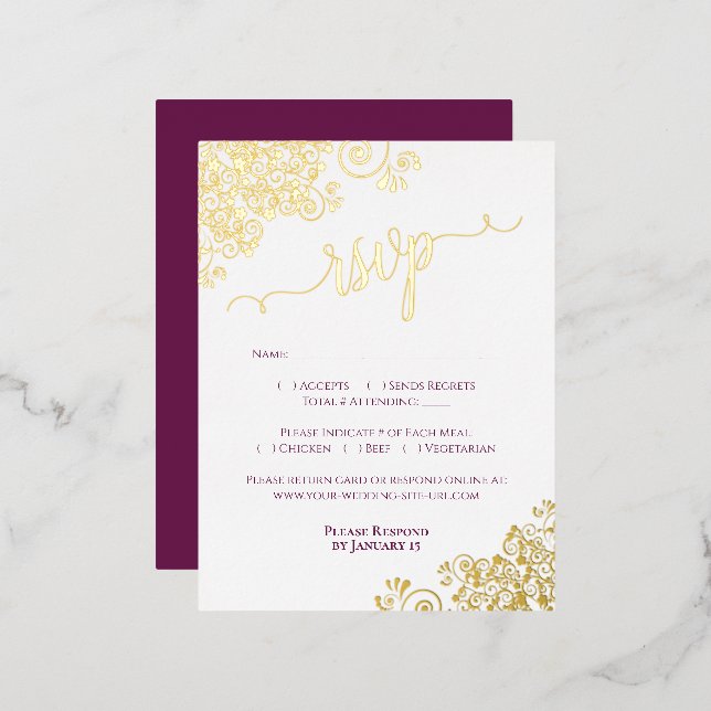 Elegant Magenta Plum Gold Foil Wedding RSVP Card (Front/Back)
