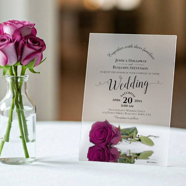 Elegant Magenta Plum Rose Lacy Calligraphy Wedding Acrylic Invitations (Frosted with Rectangle Cut)