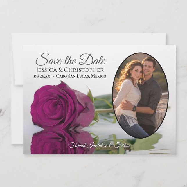 Elegant Magenta Plum Rose Oval Photo Wedding Save The Date (Front)