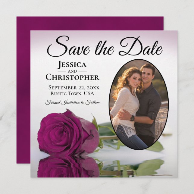 Elegant Magenta Plum Rose with Oval Photo Wedding Save The Date (Front/Back)