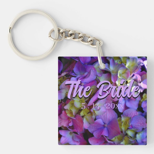 Elegant Magenta Purple blue Hydrangea flower Bride Key Ring (Front)