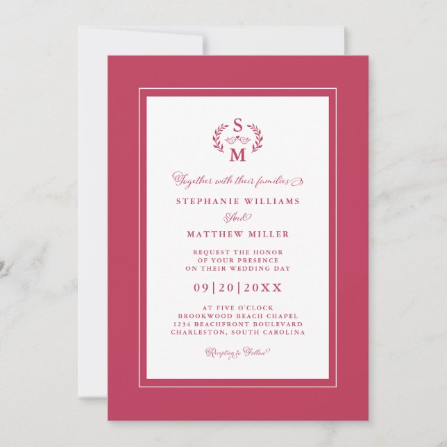 Elegant Magenta Red Initials Calligraphy Wedding Invitation (Front)