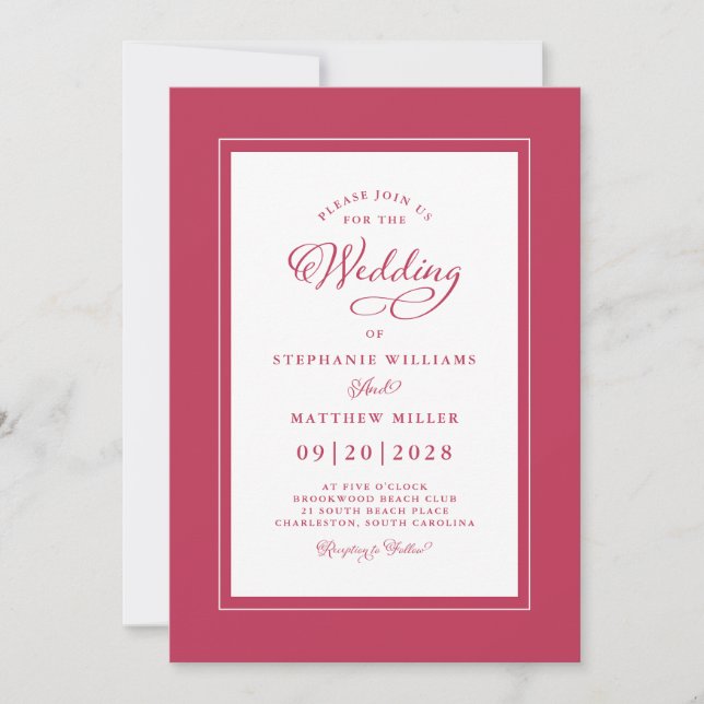 Elegant Magenta Red Modern Calligraphy Wedding Invitation (Front)