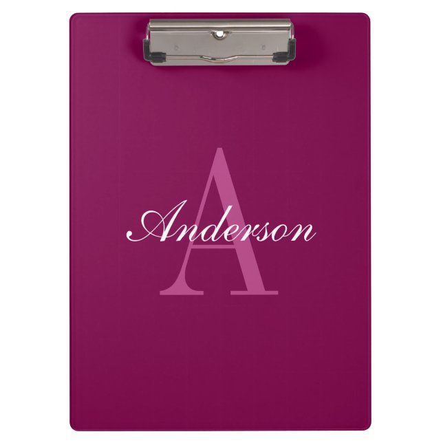 Elegant Magenta Red, Pink & White Name & Monogram Clipboard (Front)