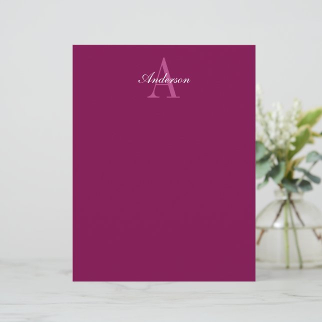 Elegant Magenta Red, Pink & White Name & Monogram Custom Letterhead (Standing Front)