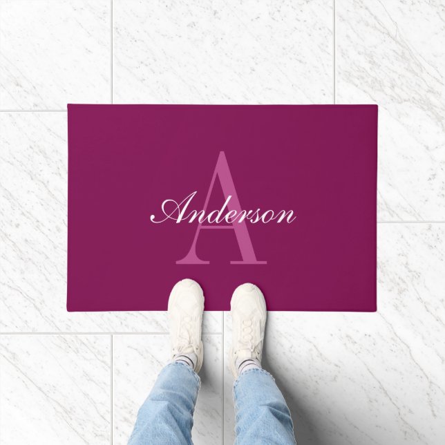 Elegant Magenta Red, Pink & White Name & Monogram Doormat (Indoor)