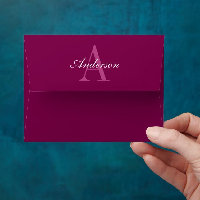 Elegant Magenta Red, Pink & White Name & Monogram Envelope (Hand)
