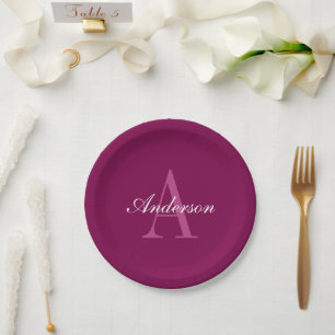 Elegant Magenta Red, Pink & White Name & Monogram Paper Plate