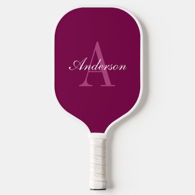 Elegant Magenta Red, Pink & White Name & Monogram Pickleball Paddle (Front)