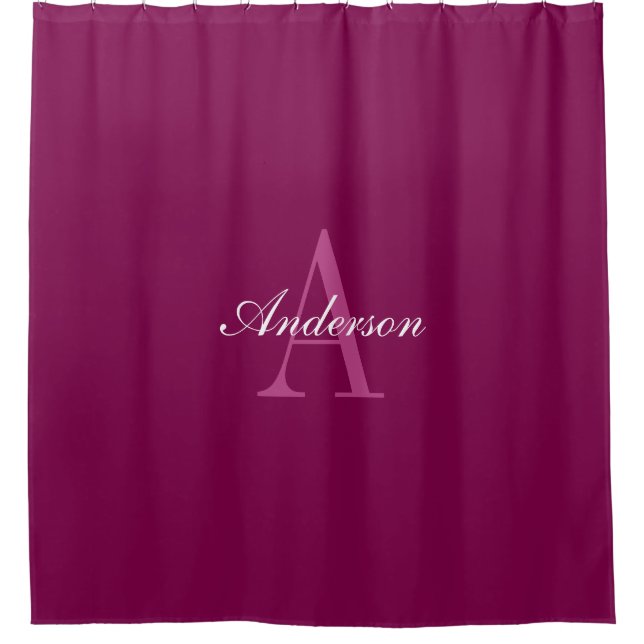 Elegant Magenta Red, Pink & White Name & Monogram Shower Curtain (Front)