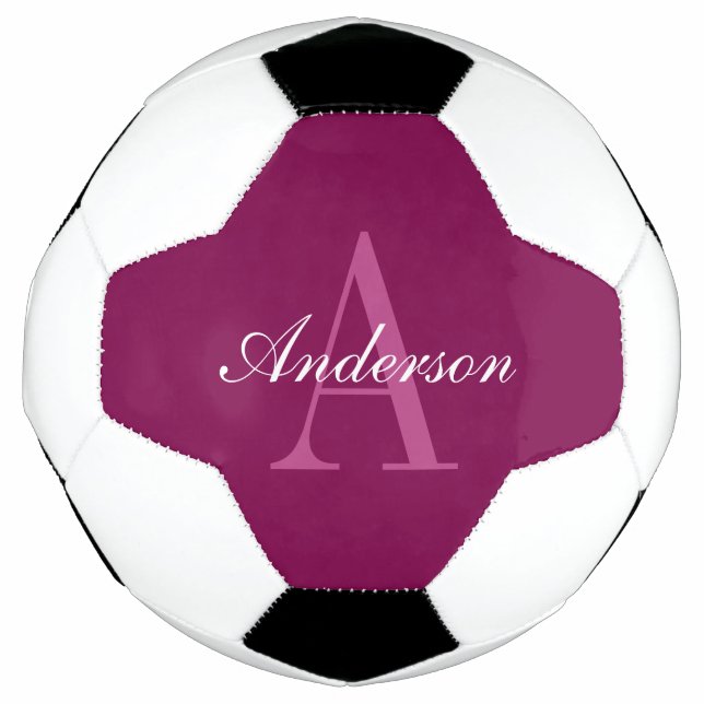Elegant Magenta Red, Pink & White Name & Monogram Soccer Ball (Front)