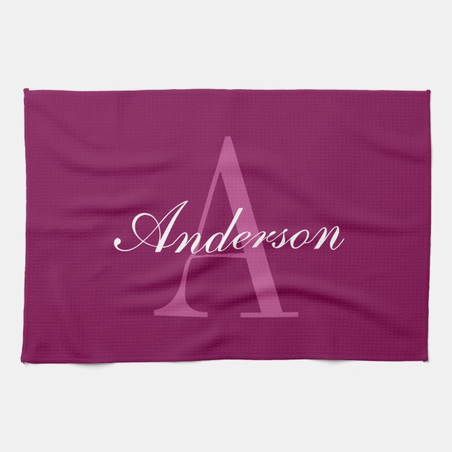 Elegant Magenta Red, Pink & White Name & Monogram Tea Towel (Horizontal)