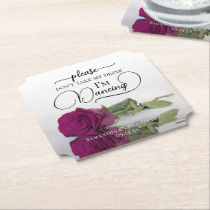 Elegant Magenta Rose Don't Take My Drink Wedding Paper Coaster