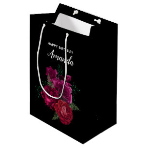 Elegant Magenta Rose Floral Bouquet Birthday Medium Gift Bag