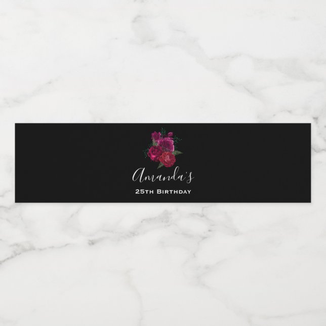 Elegant Magenta Rose Floral Bouquet Birthday Water Bottle Label (Single Label)