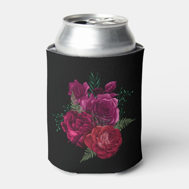 Elegant Magenta Rose Floral Bouquet Can Cooler (Can Front)