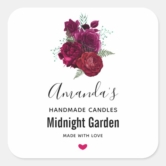 Elegant Magenta Rose Floral Bouquet Candle Biz Square Sticker (Front)