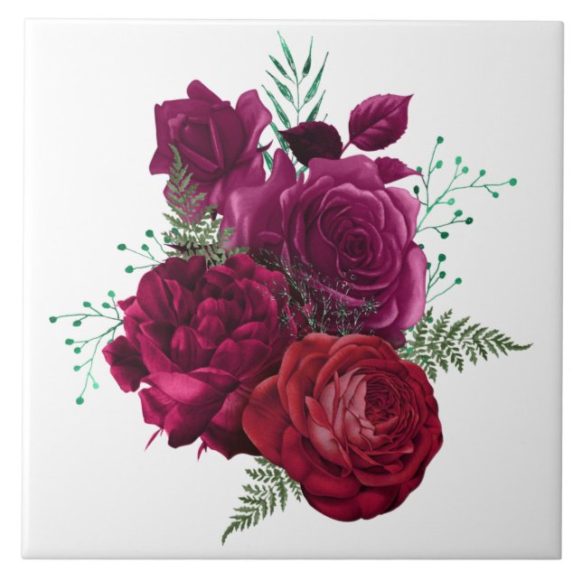 Elegant Magenta Rose Floral Bouquet Ceramic Tile (Front)
