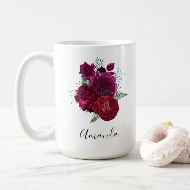 Elegant Magenta Rose Floral Bouquet Coffee Mug (With Donut)