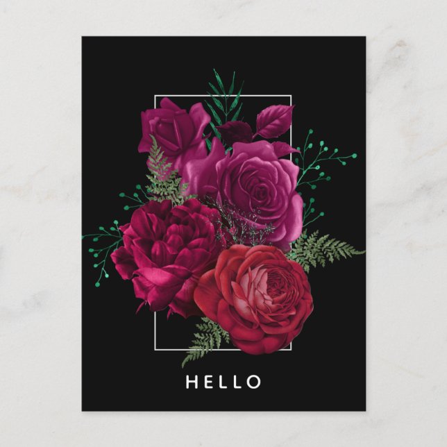 Elegant Magenta Rose Floral Bouquet Hello Postcard (Front)