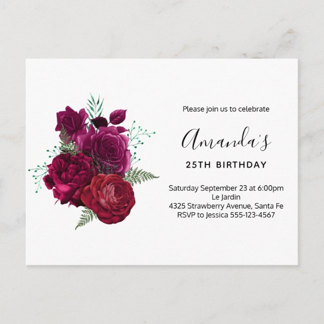 Elegant Magenta Rose Floral Bouquet Invitation Postcard (Front)