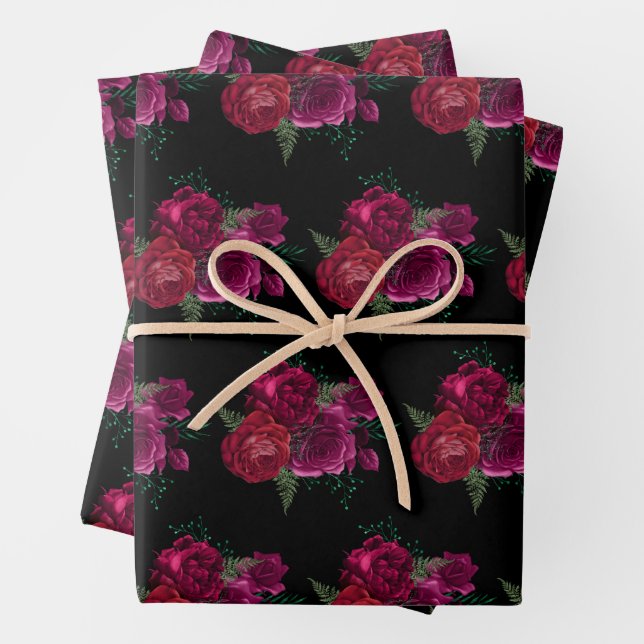 Elegant Magenta Rose Floral Bouquet Pattern Wrapping Paper Sheet (In situ)