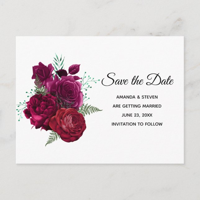 Elegant Magenta Rose Floral Bouquet Save the Date Invitation Postcard (Front)