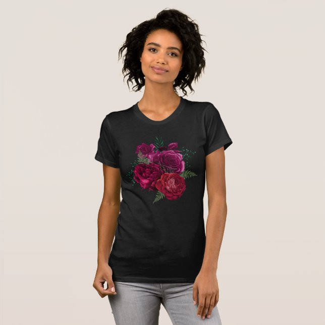 Elegant Magenta Rose Floral Bouquet T-Shirt (Front Full)