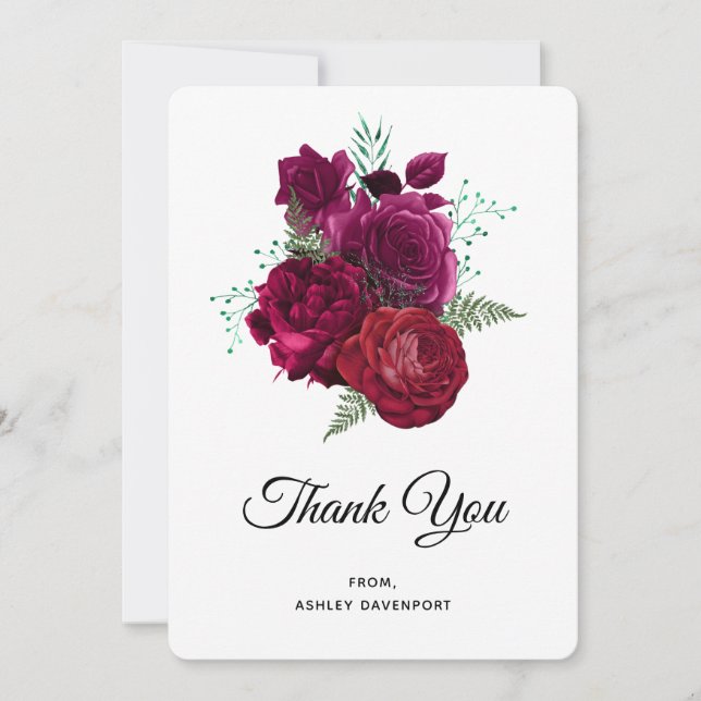 Elegant Magenta Rose Floral Bouquet Thank You Card (Front)