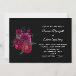 Elegant Magenta Rose Floral Bouquet Wedding Invitation
